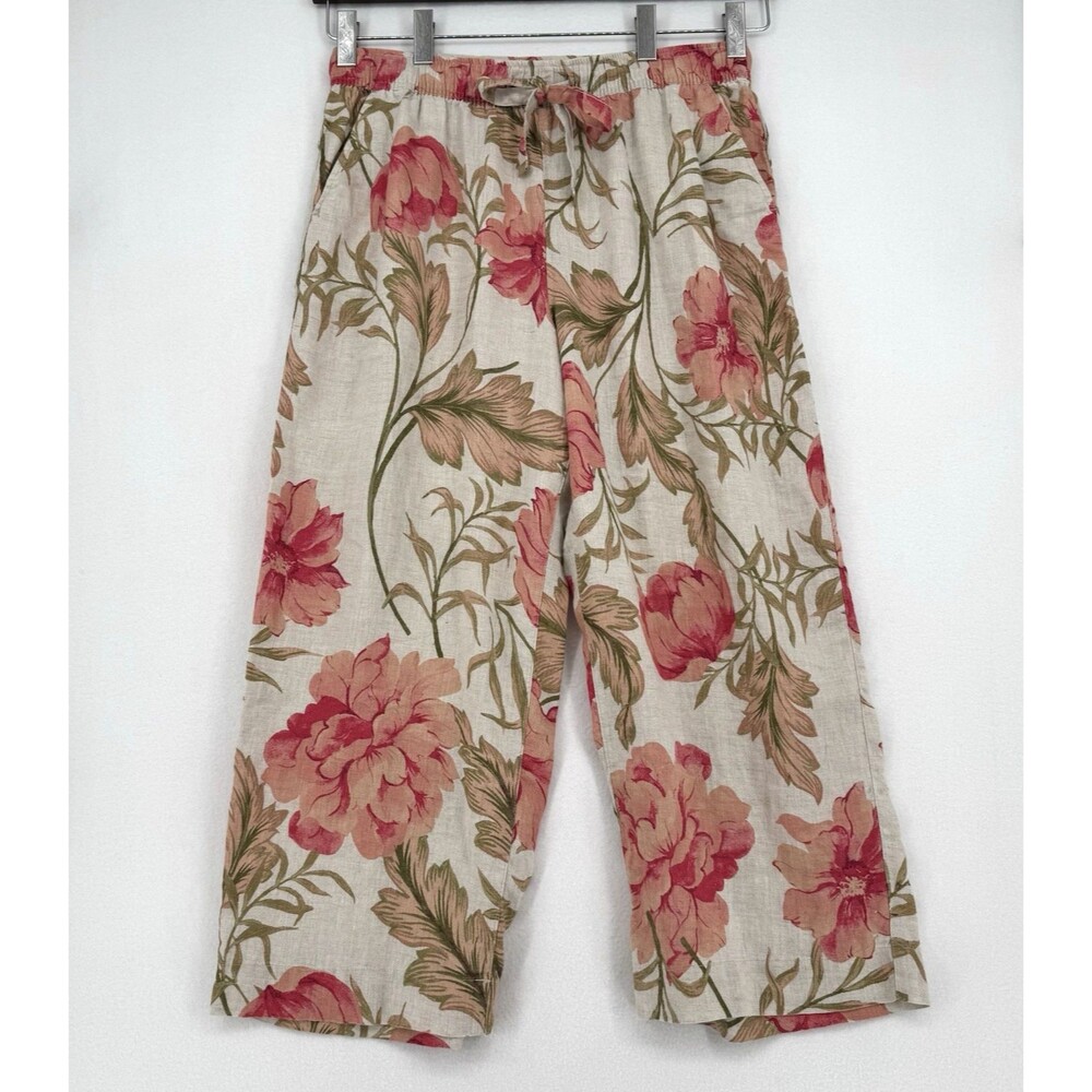 Joie 100% Linen Floral Pants XL Wide Leg Pull On Coastal Boho Cottagecore Resort